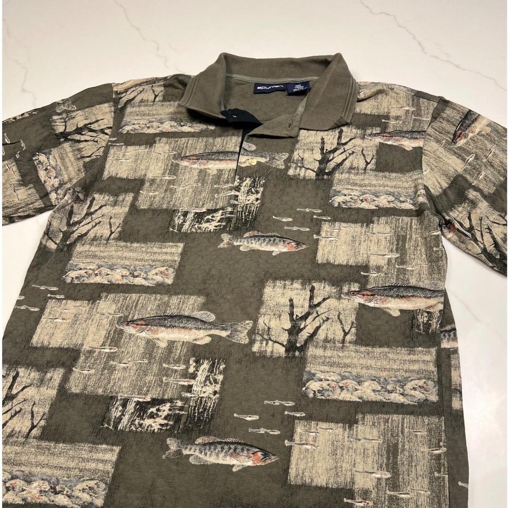 Puritan Polo Shirt Mens Large Olive Green Fishing Bass Trout Print Cotton